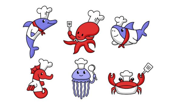 Sea Animal with Chef Costume Cartoon Graphics