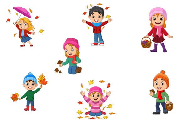 Set of Seven Fall Kids Cartoon Graphics for Crafting