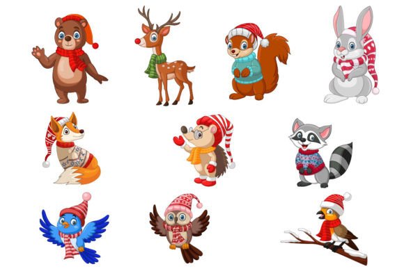 Set of Ten Forest Animal Winter Cartoon Graphics